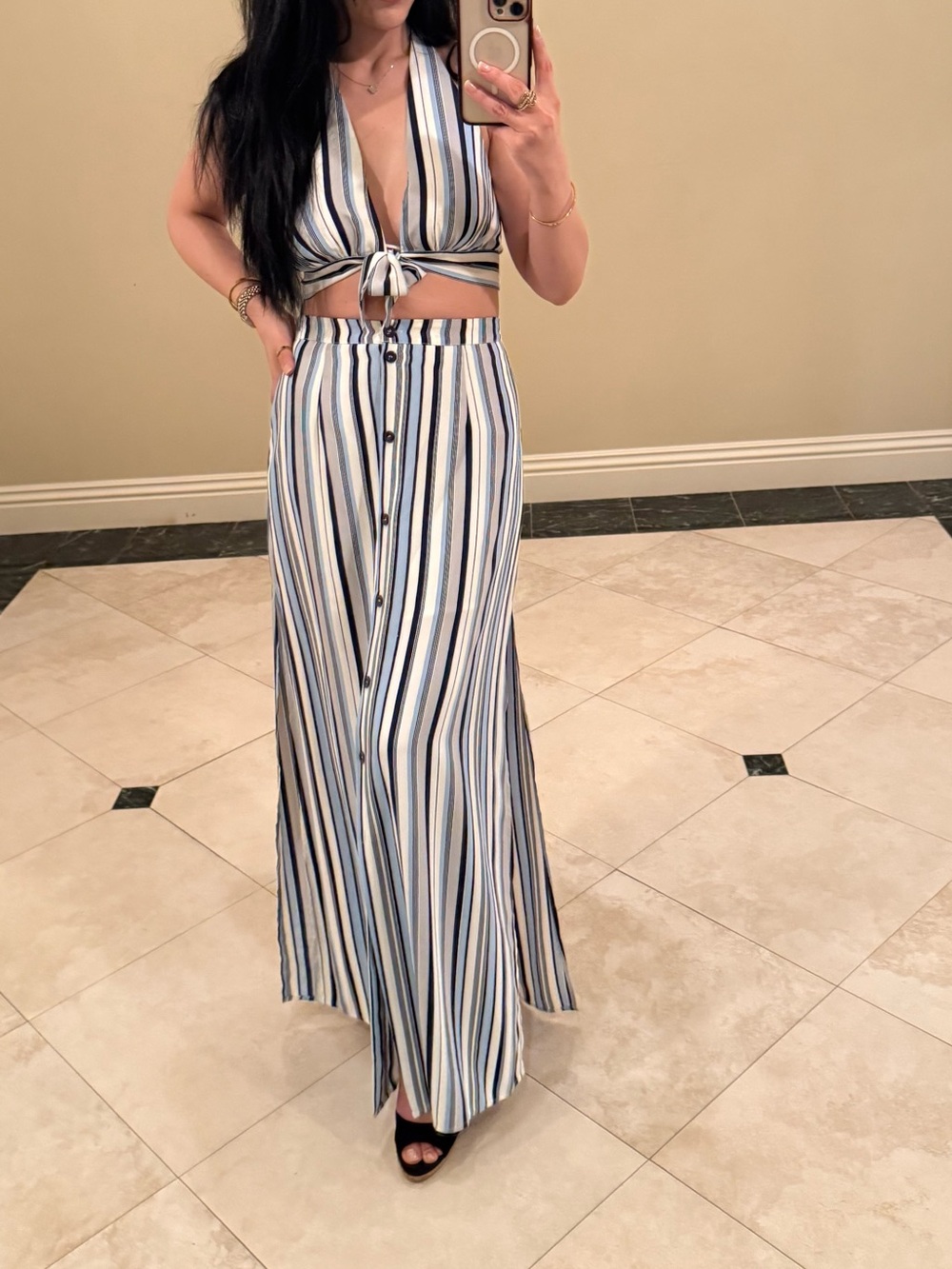 Striped V-Neck Tie-Front Maxi Dress in Blue and White - Top and Skirt Set